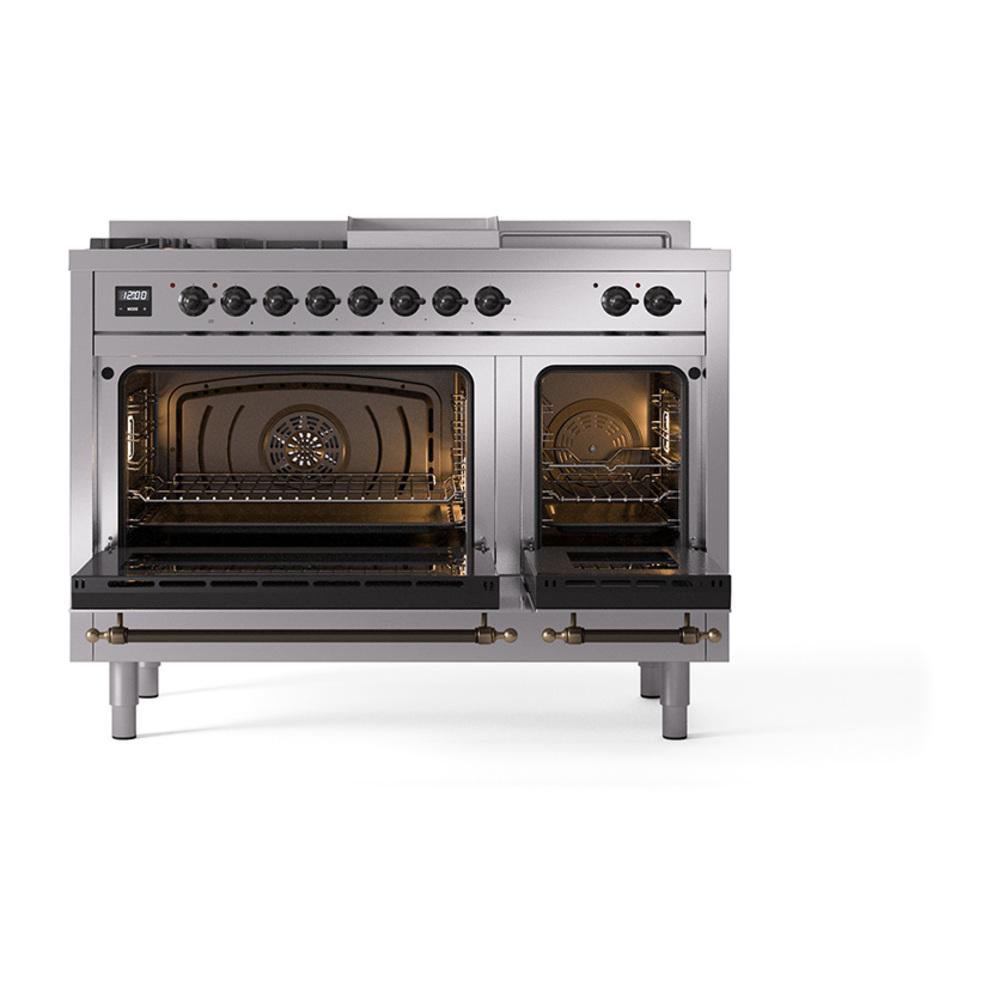 Ilve UN48FSQNMPSSB Ilve Un48Fsqnmpssb Nostalgie Ii Noblesse 48" Dual Fuel Range (5 Sealed Burners + Griddle + French Top, Natural Gas, Solid Door, Stainless Steel, Burnished)