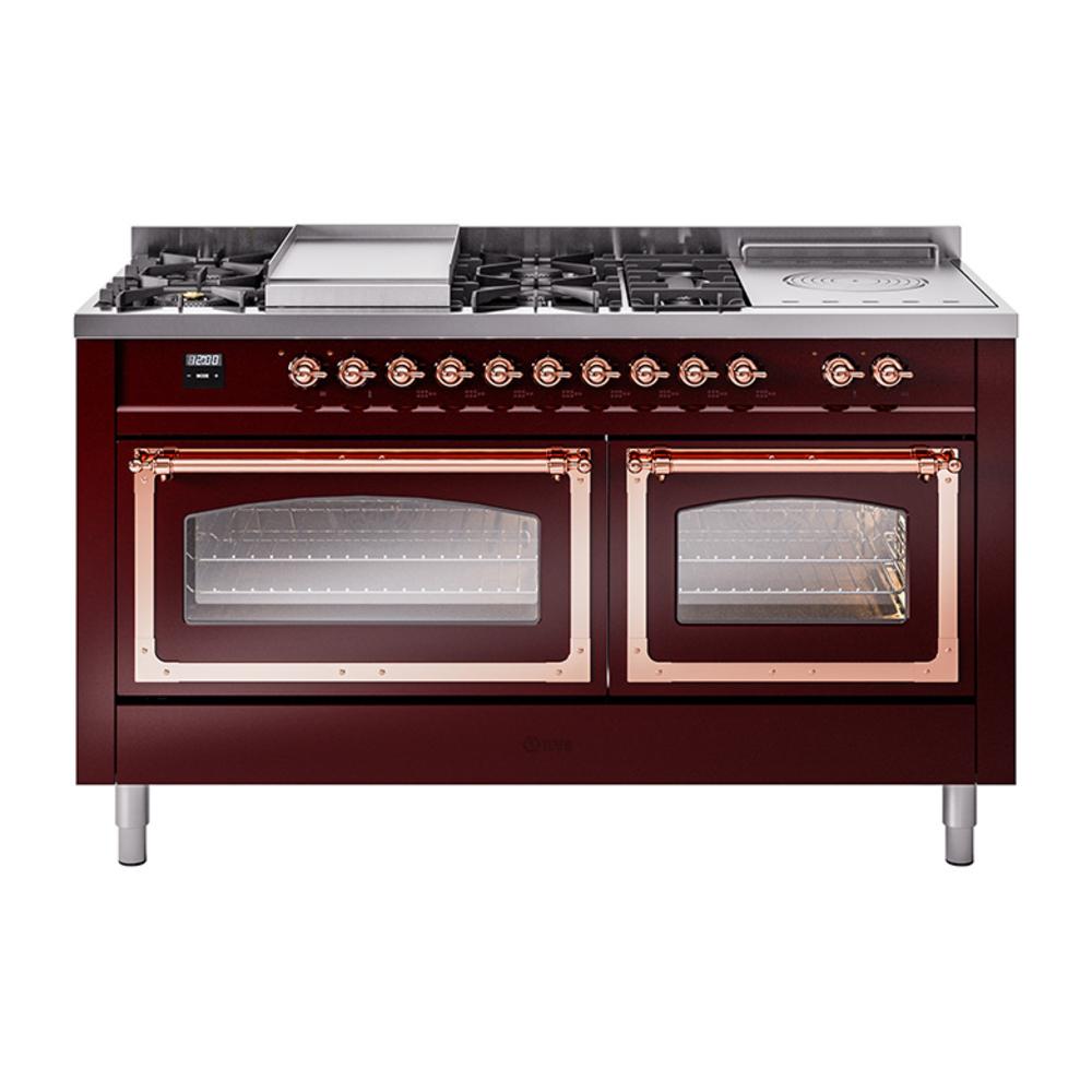 Ilve UN60FSNMPBUPLP Ilve Un60Fsnmpbuplp Nostalgie Ii Noblesse 60" Dual Fuel Range (7 Sealed Burners + Griddle + French Top, Liquid Propane, Triple Glass Door, Burgundy, Copper)