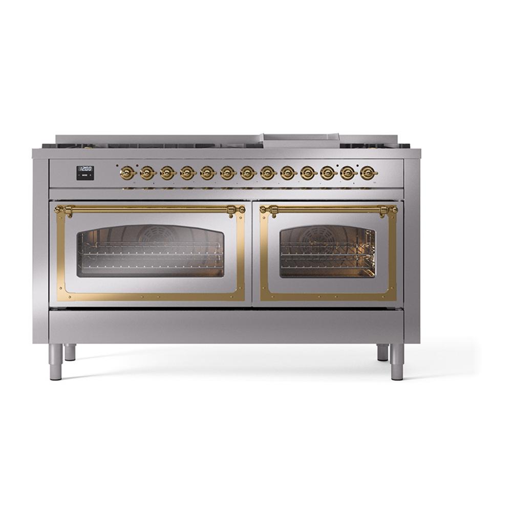Ilve UN60FNMPSSGLP Ilve Un60Fnmpssglp Nostalgie Ii Noblesse 60" Dual Fuel Range (9 Sealed Burners + Griddle, Liquid Propane, Triple Glass Door, Stainless Steel, Brass)
