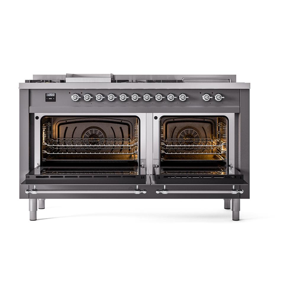 Ilve UN60FSNMPMGC Ilve Un60Fsnmpmgc Nostalgie Ii Noblesse 60" Dual Fuel Range (7 Sealed Burners + Griddle + French Top, Natural Gas, Triple Glass Door, Graphite Matte, Chrome)
