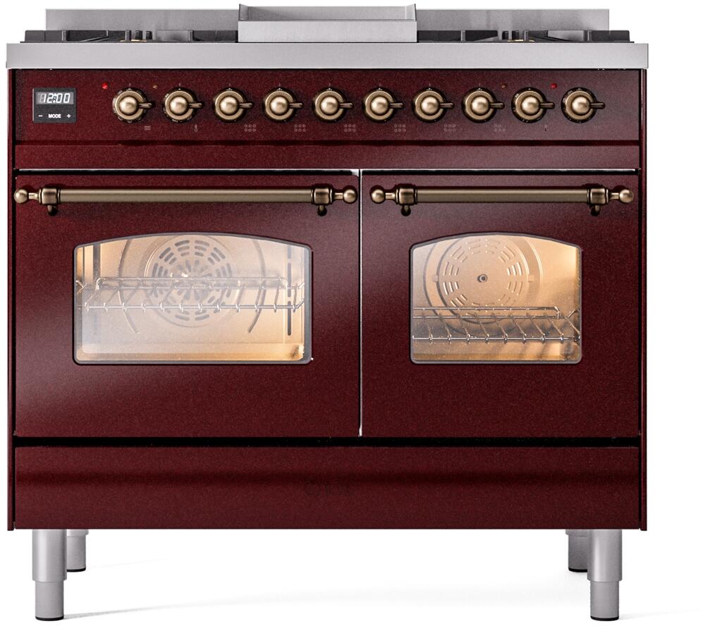 Ilve UPD40FNMPBUBLP Nostalgie Ii 40 Inch Dual Fuel Liquid Propane Freestanding Range In Burgundy With Bronze Trim