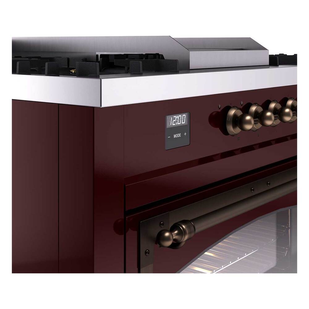 Ilve UN60FSNMPBUB Ilve Un60Fsnmpbub Nostalgie Ii Noblesse 60" Dual Fuel Range (7 Sealed Burners + Griddle + French Top, Natural Gas, Triple Glass Door, Burgundy, Burnished)