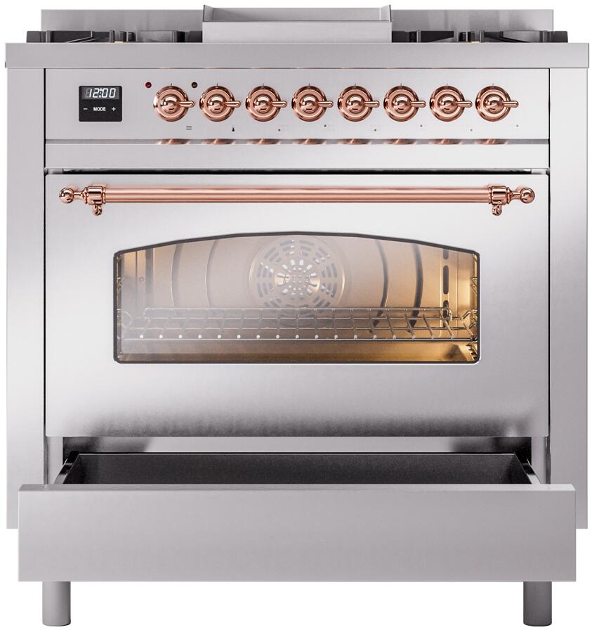 Ilve UP36FNMPSSP Nostalgie Ii 36 Inch Dual Fuel Natural Gas Freestanding Range In Stainless Steel With Copper Trim