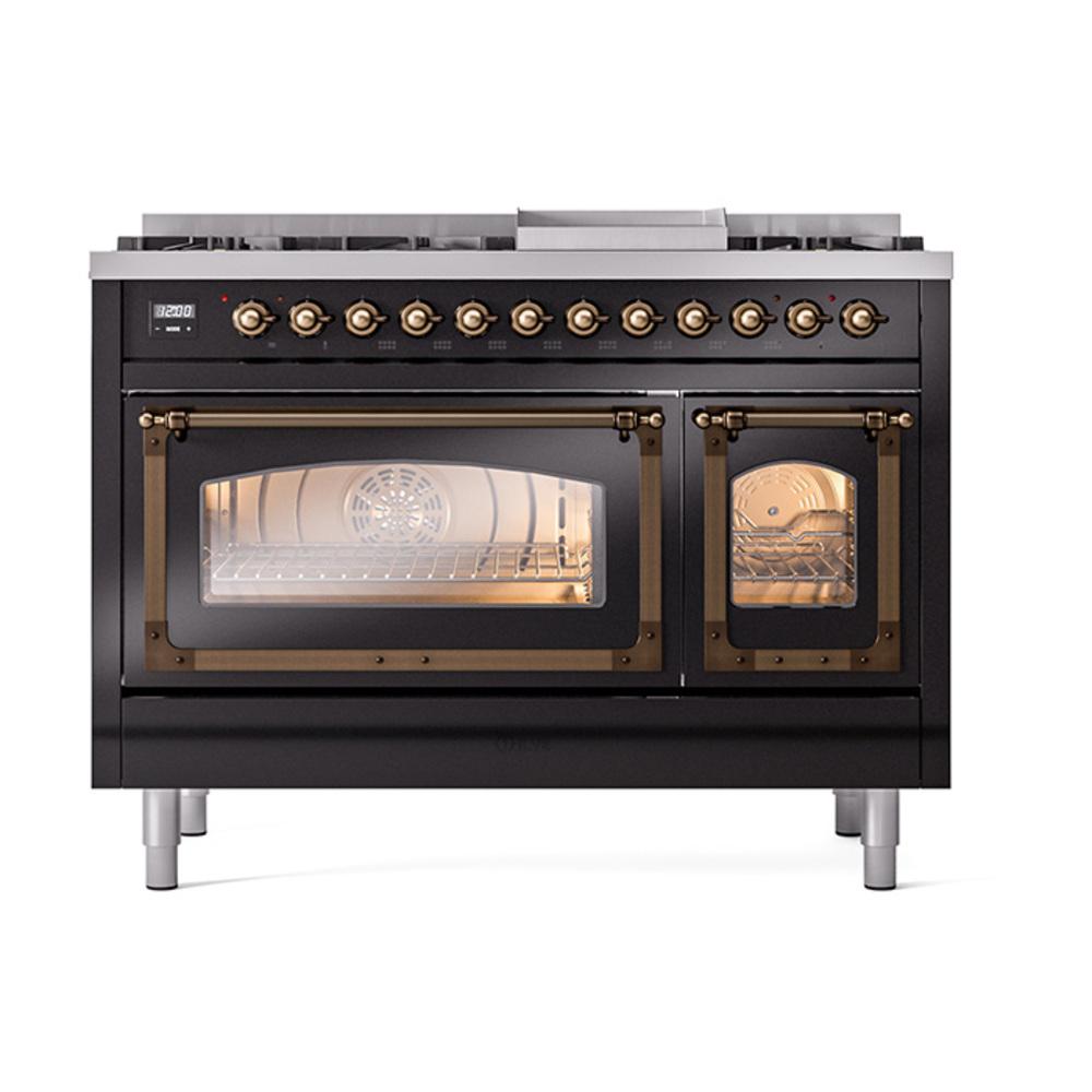 Ilve UN48FNMPBKBLP Ilve Un48Fnmpbkblp Nostalgie Ii Noblesse 48" Dual Fuel Range (8 Sealed Burners + Griddle, Liquid Propane, Triple Glass Door, Glossy Black, Burnished)