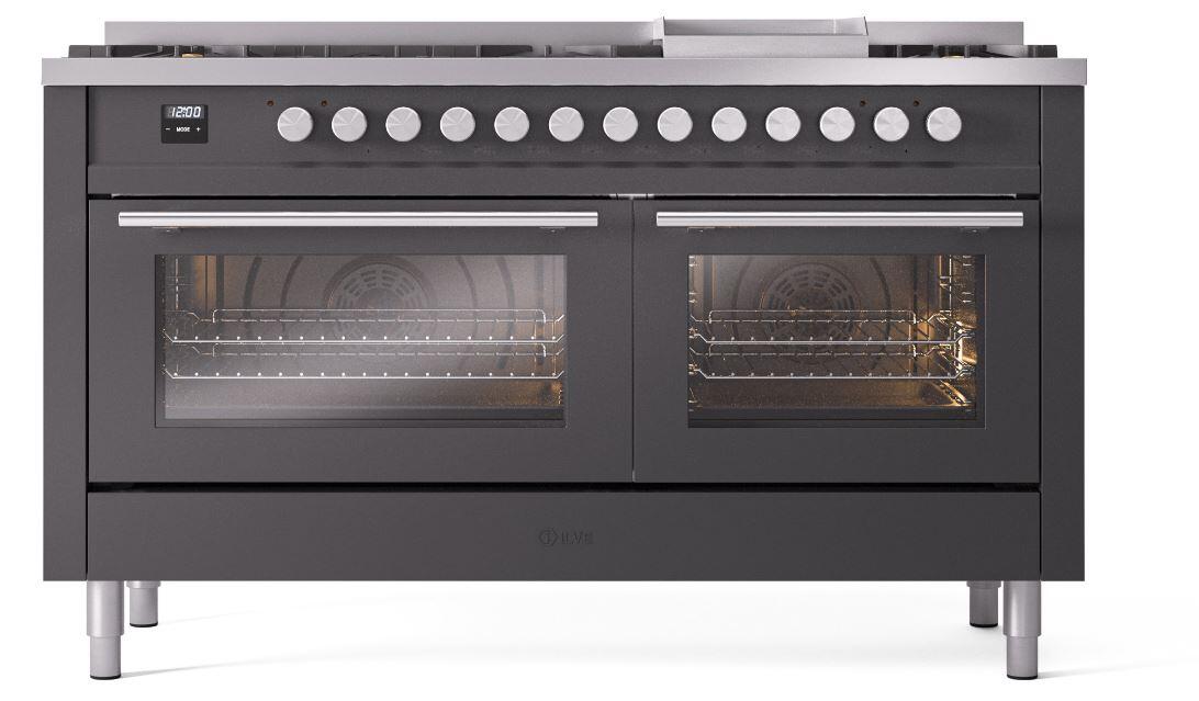 Ilve UP60FWMPMGLP Professional Plus Ii 60 Inch Dual Fuel Liquid Propane Freestanding Range In Matte Graphite With Trim