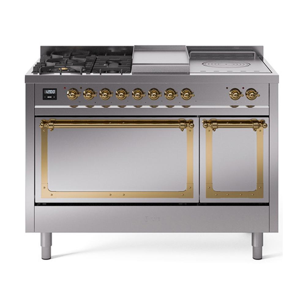Ilve UN48FSQNMPSSGLP Ilve Un48Fsqnmpssglp Nostalgie Ii Noblesse 48" Dual Fuel Range (5 Sealed Burners + Griddle + French Top, Liquid Propane, Solid Door, Stainless Steel, Brass)