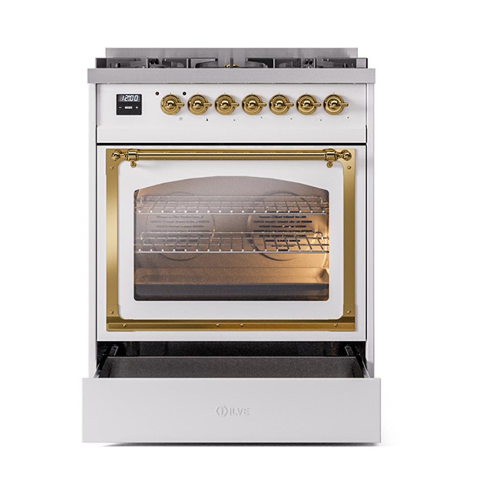 Ilve UN30NMPWHGLP Ilve Un30Nmpwhglp Nostalgie Ii Noblesse 30" Dual Fuel Range (Liquid Propane, Triple Glass Door, White, Brass)