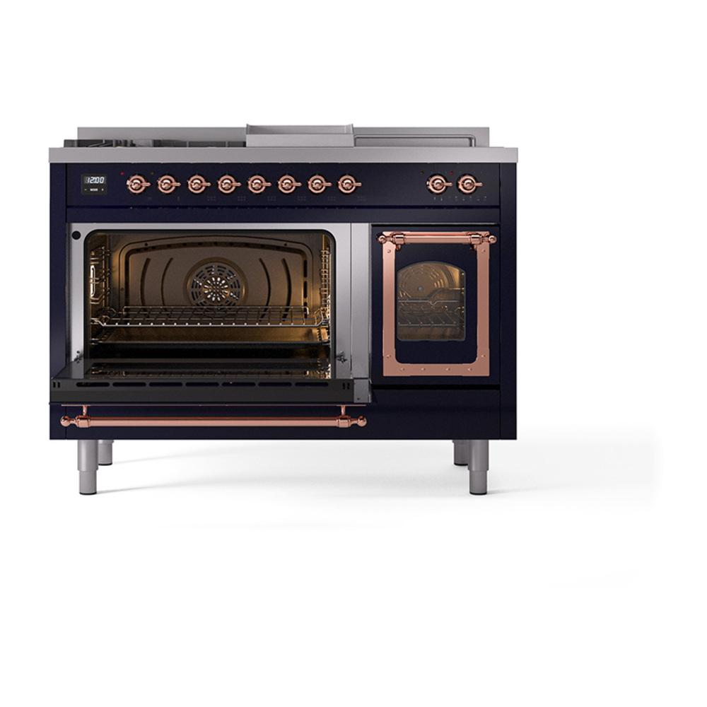 Ilve UN48FSNMPMBP Ilve Un48Fsnmpmbp Nostalgie Ii Noblesse 48" Dual Fuel Range (5 Sealed Burners + Griddle + French Top, Natural Gas, Triple Glass Door, Midnight Blue, Copper)