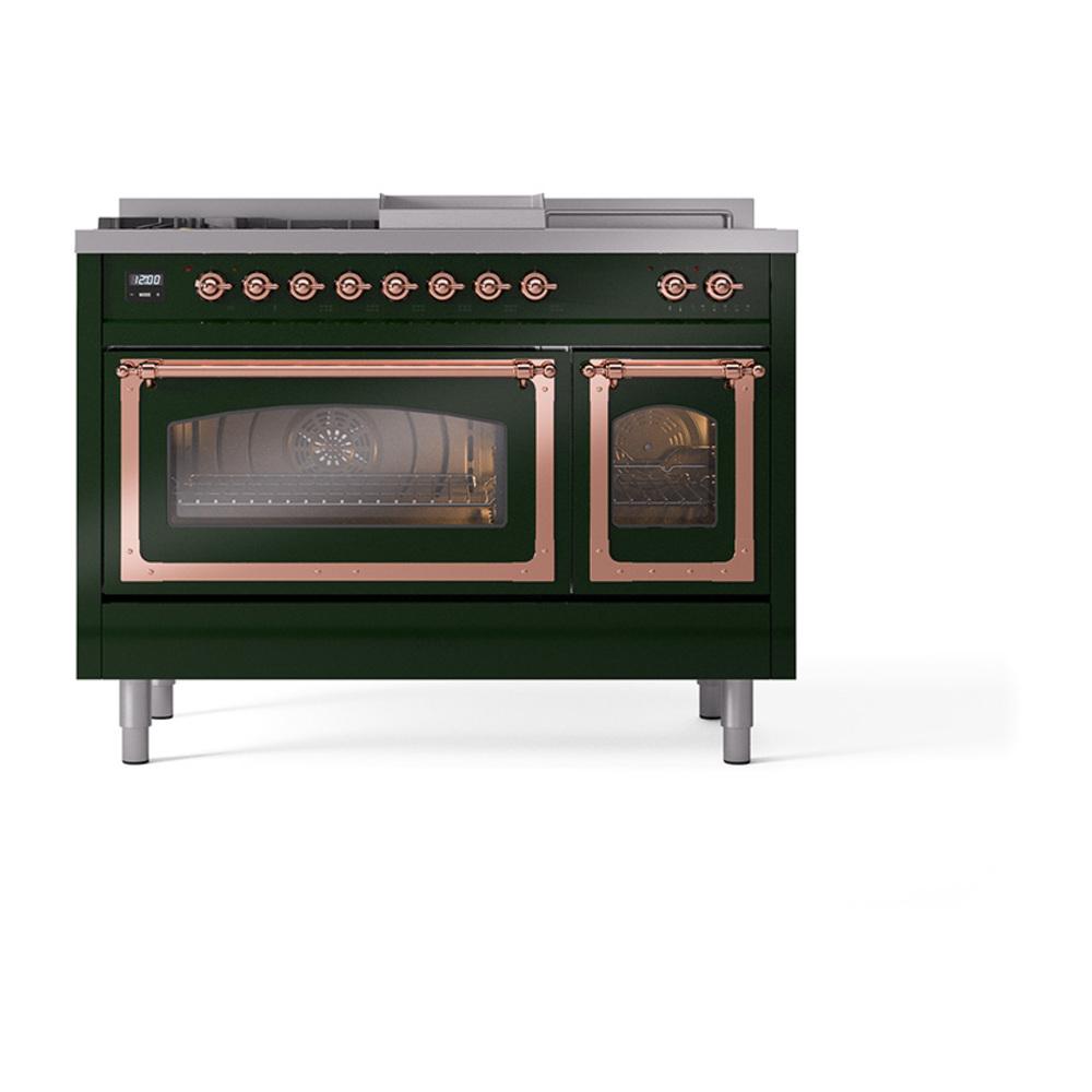 Ilve UN48FSNMPEGP Ilve Un48Fsnmpegp Nostalgie Ii Noblesse 48" Dual Fuel Range (5 Sealed Burners + Griddle + French Top, Natural Gas, Triple Glass Door, Emerald Green, Copper)