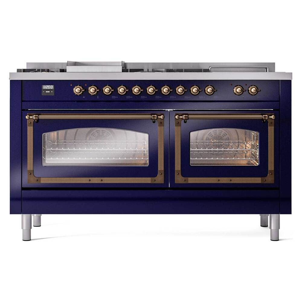 Ilve UN60FSNMPMBBLP Ilve Un60Fsnmpmbblp Nostalgie Ii Noblesse 60" Dual Fuel Range (7 Sealed Burners + Griddle + French Top, Liquid Propane, Triple Glass Door, Midnight Blue, Burnished)