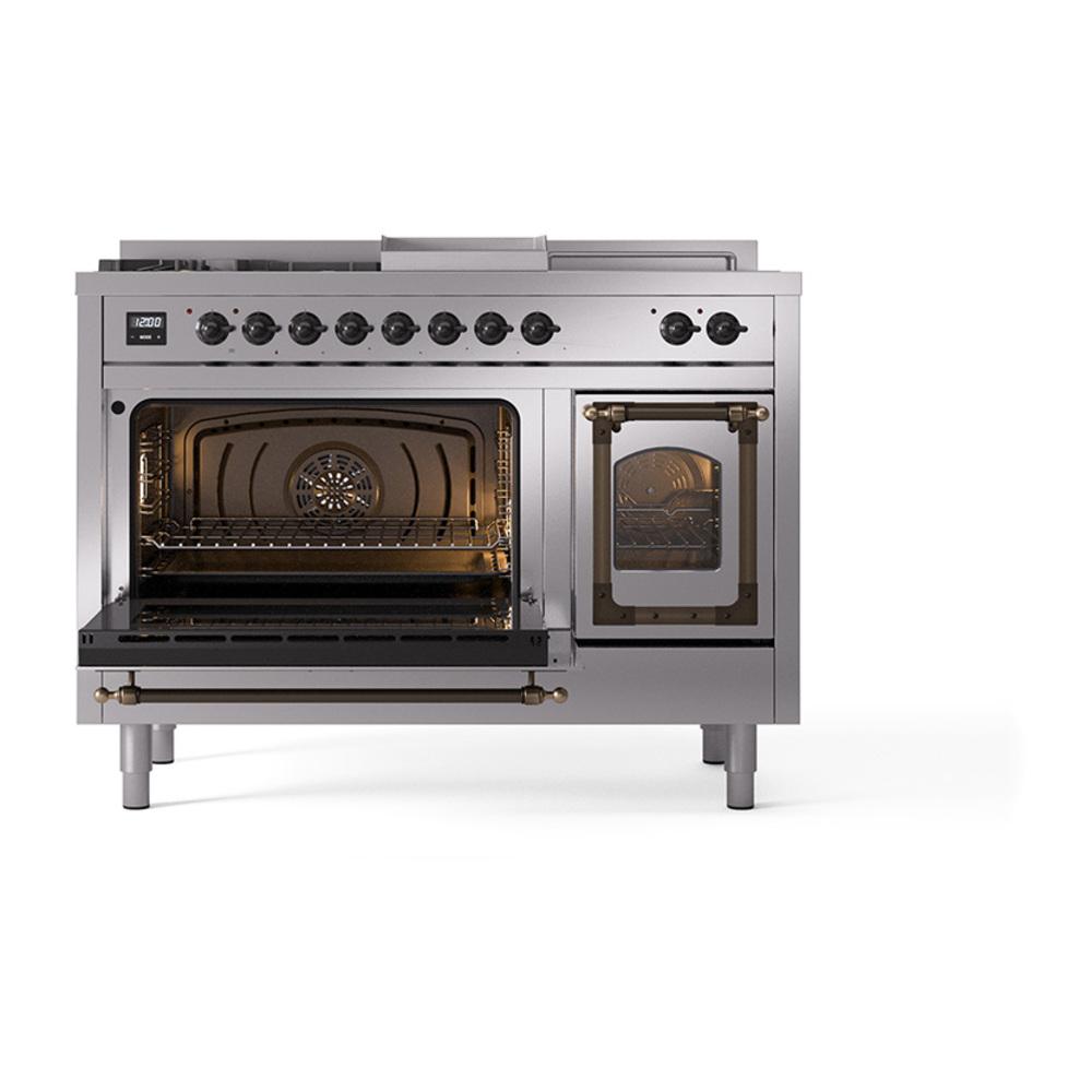 Ilve UN48FSNMPSSBLP Ilve Un48Fsnmpssblp Nostalgie Ii Noblesse 48" Dual Fuel Range (5 Sealed Burners + Griddle + French Top, Liquid Propane, Triple Glass Door, Stainless Steel, Burnished)