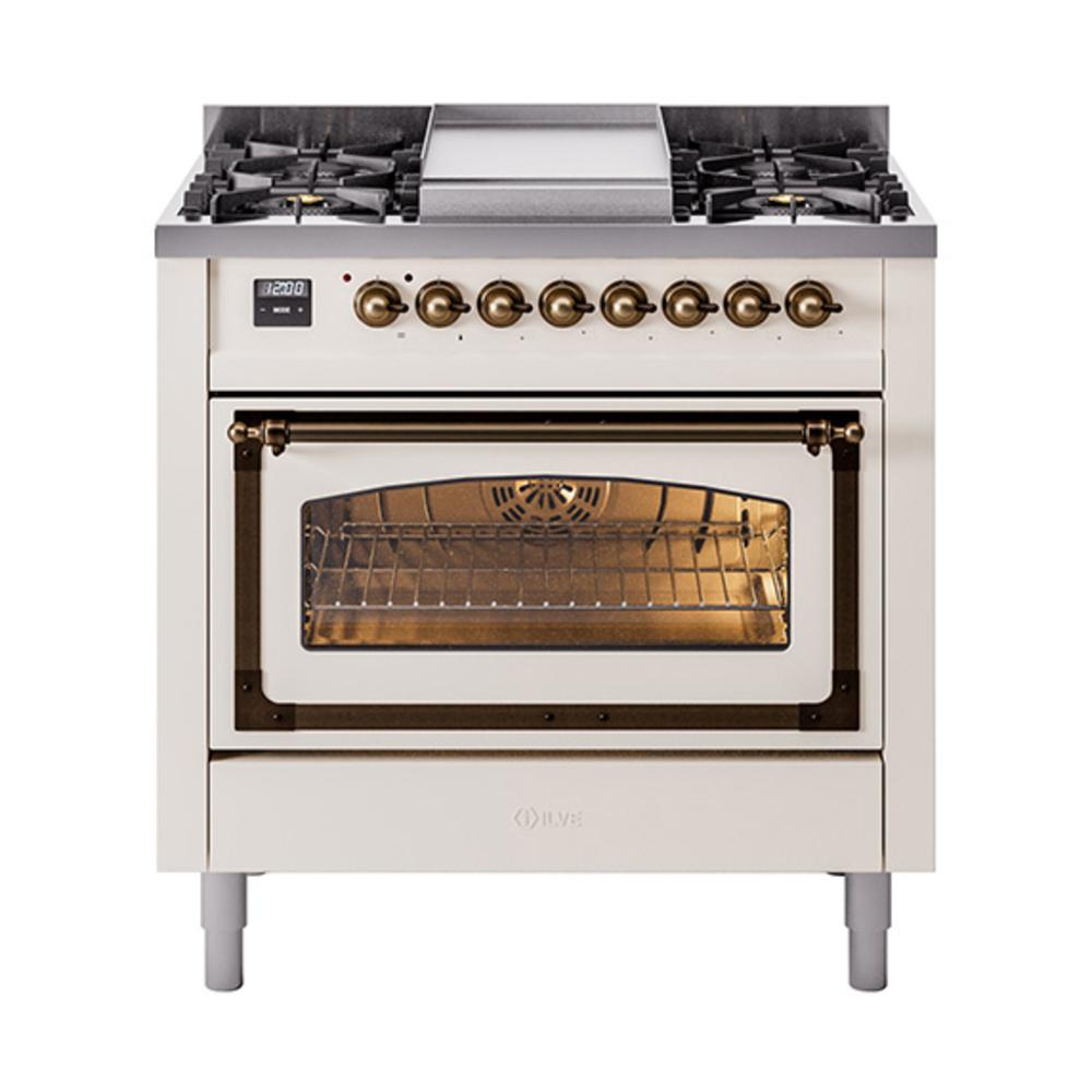 Ilve UN36FNMPAWBLP Ilve Un36Fnmpawblp Nostalgie Ii Noblesse 36" Dual Fuel Range (Liquid Propane, Triple Glass Door, Antique White, Burnished)