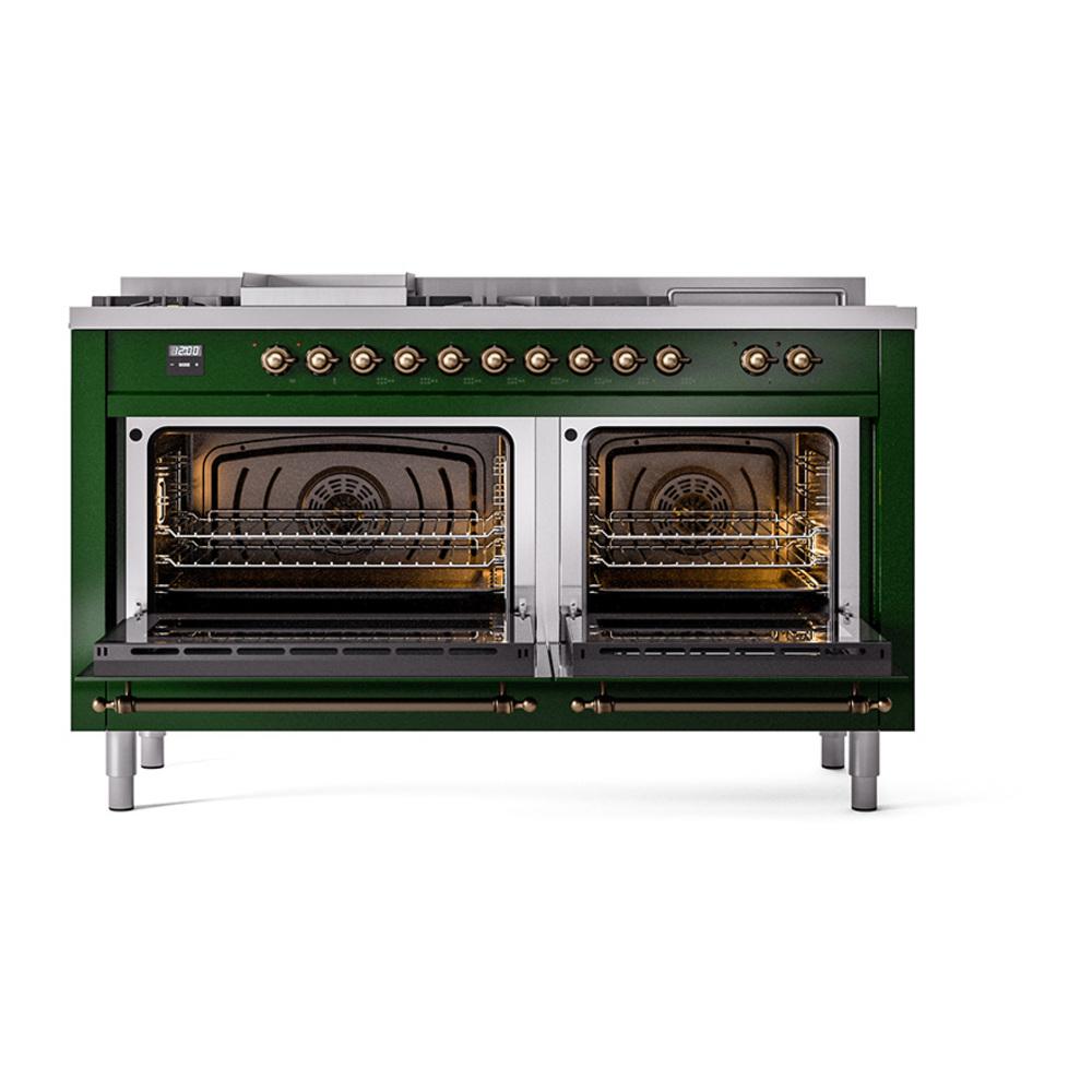 Ilve UN60FSNMPEGBLP Ilve Un60Fsnmpegblp Nostalgie Ii Noblesse 60" Dual Fuel Range (7 Sealed Burners + Griddle + French Top, Liquid Propane, Triple Glass Door, Emerald Green, Burnished)