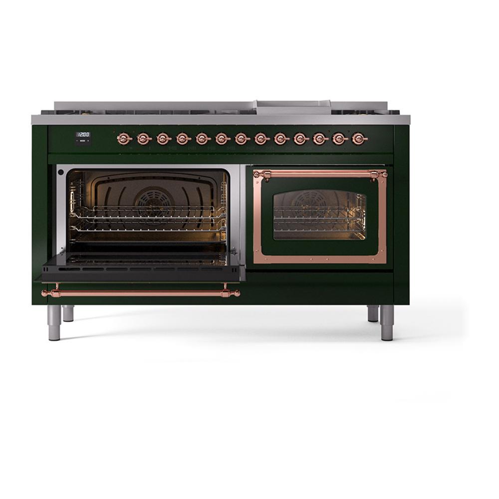 Ilve UN60FNMPEGPLP Ilve Un60Fnmpegplp Nostalgie Ii Noblesse 60" Dual Fuel Range (9 Sealed Burners + Griddle, Liquid Propane, Triple Glass Door, Emerald Green, Copper)