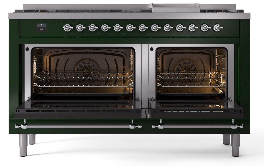 Ilve UP60FNMPEGC Nostalgie Ii 60 Inch Dual Fuel Natural Gas Freestanding Range In Emerald Green With Chrome Trim