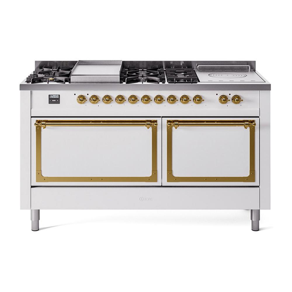 Ilve UN60FSQNMPWHGLP Ilve Un60Fsqnmpwhglp Nostalgie Ii Noblesse 60" Dual Fuel Range (7 Sealed Burners + Griddle + French Top, Liquid Propane, Solid Door, White, Brass)