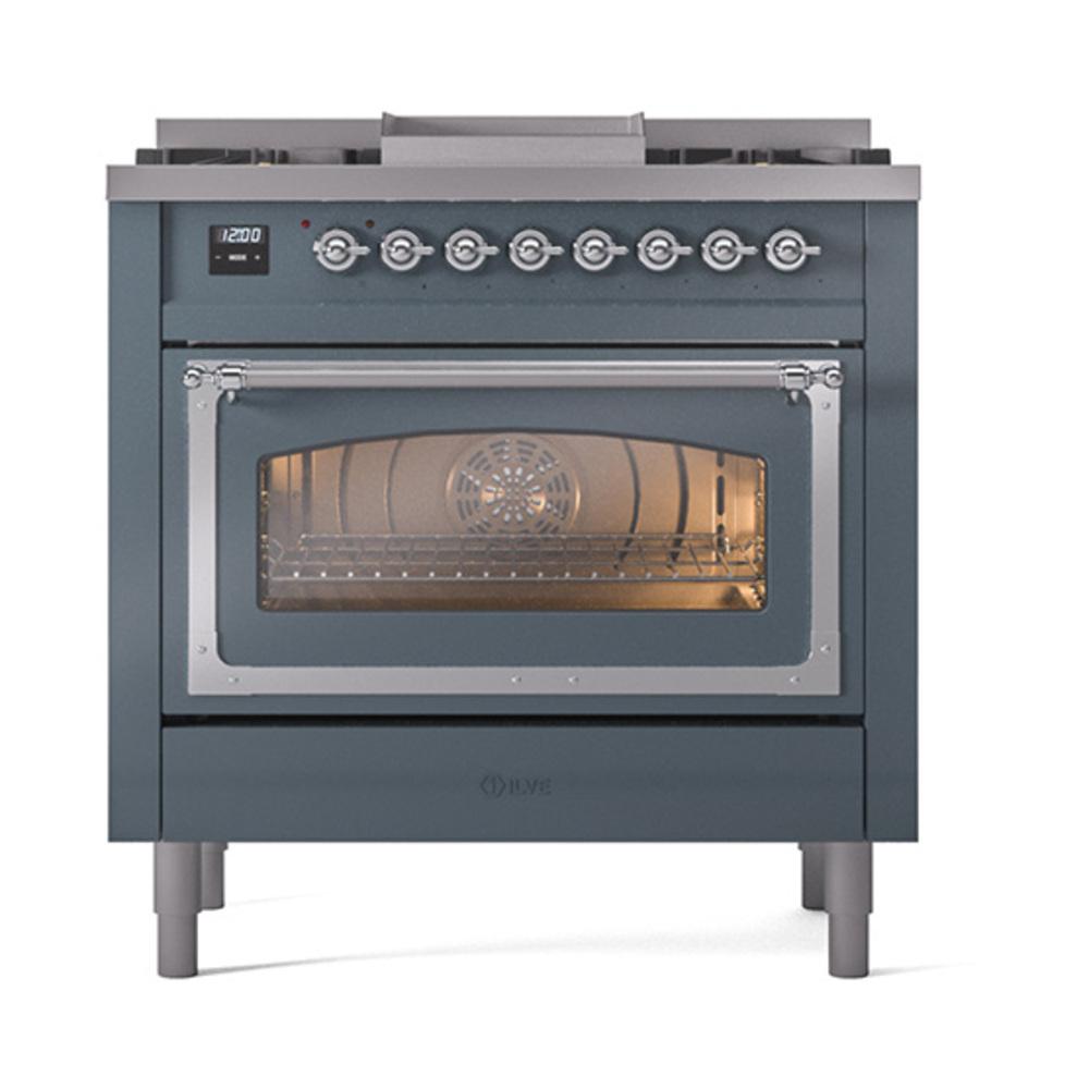 Ilve UN36FNMPBGC Ilve Un36Fnmpbgc Nostalgie Ii Noblesse 36" Dual Fuel Range (Natural Gas, Triple Glass Door, Blue Grey, Chrome)