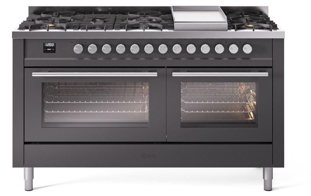 Ilve UP60FWMPMGLP Professional Plus Ii 60 Inch Dual Fuel Liquid Propane Freestanding Range In Matte Graphite With Trim