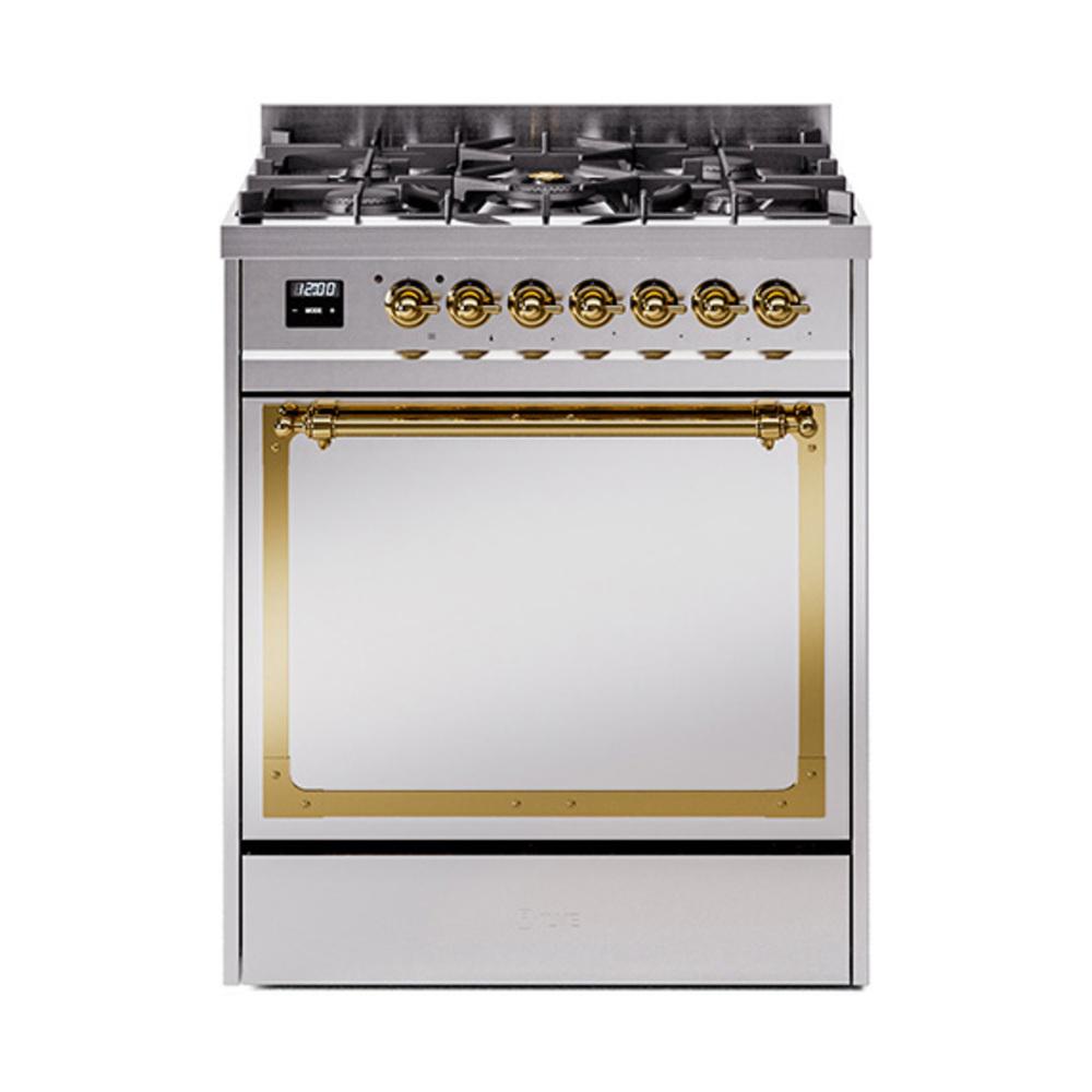 Ilve UN30QNMPSSG Ilve Un30Qnmpssg Nostalgie Ii Noblesse 30" Dual Fuel Range (Natural Gas, Solid Door, Stainless Steel, Brass)