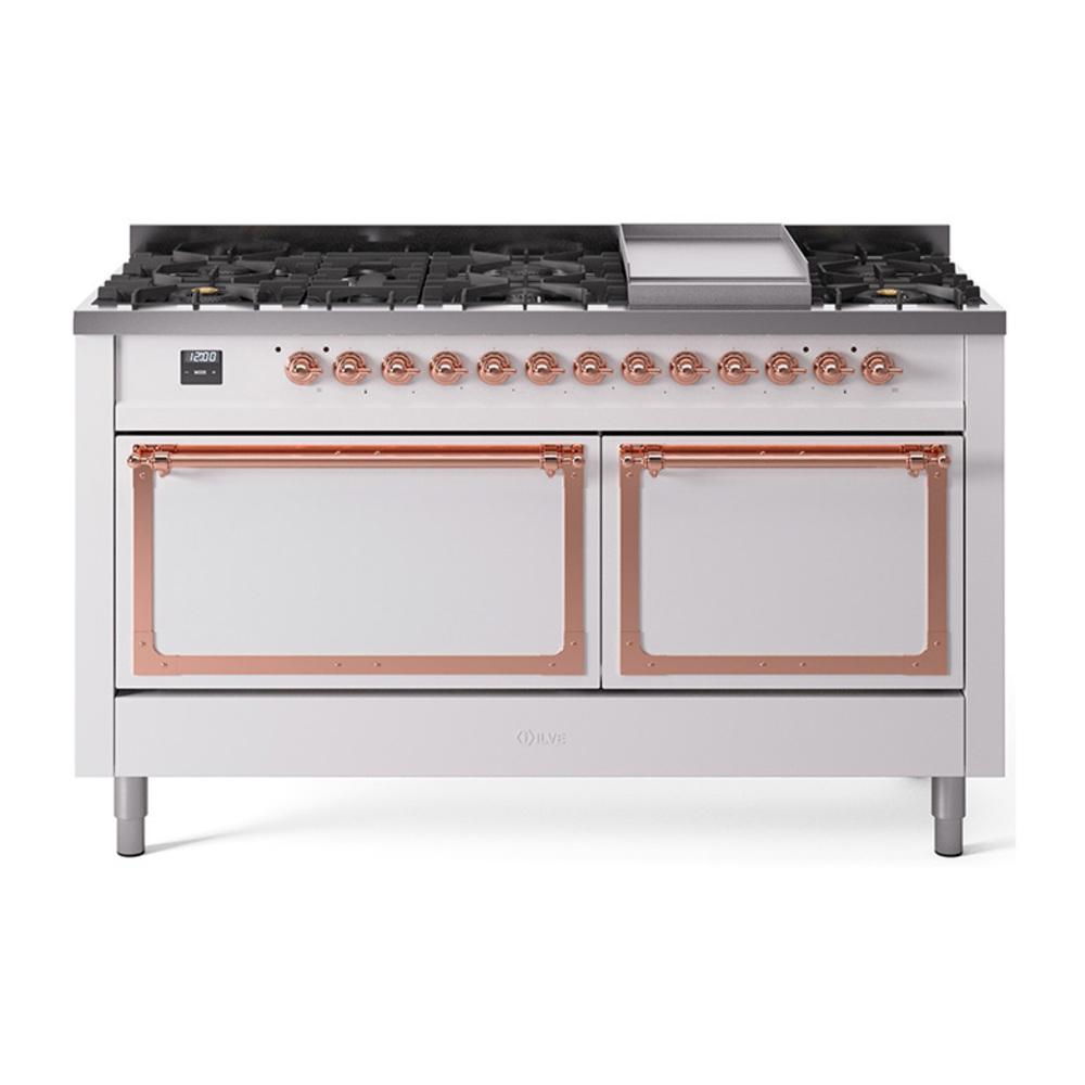 Ilve UN60FQNMPWHP Ilve Un60Fqnmpwhp Nostalgie Ii Noblesse 60" Dual Fuel Range (9 Sealed Burners + Griddle, Natural Gas, Solid Door, White, Copper)