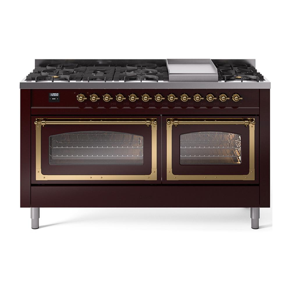 Ilve UN60FNMPBUG Ilve Un60Fnmpbug Nostalgie Ii Noblesse 60" Dual Fuel Range (9 Sealed Burners + Griddle, Natural Gas, Triple Glass Door, Burgundy, Brass)