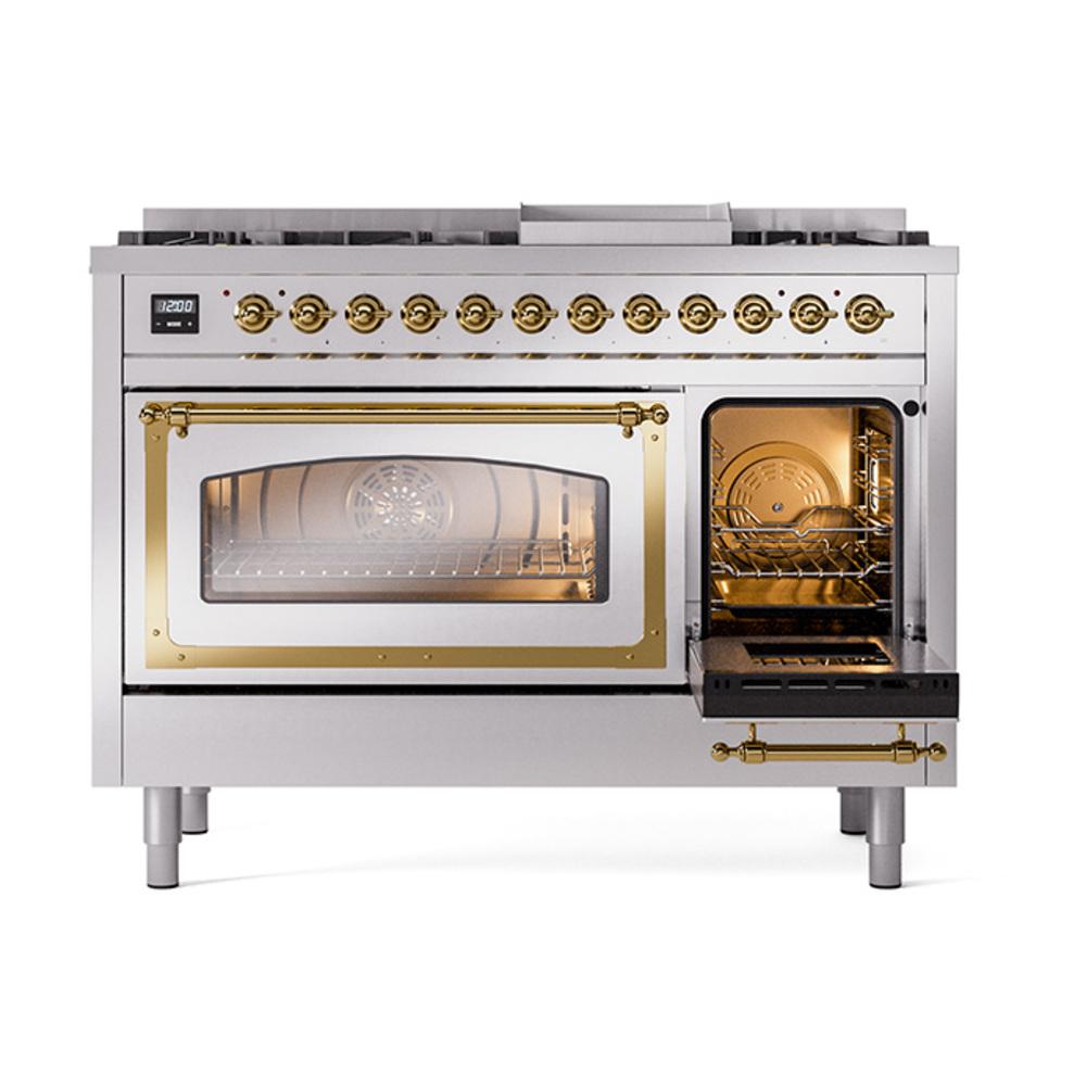 Ilve UN48FNMPSSGLP Ilve Un48Fnmpssglp Nostalgie Ii Noblesse 48" Dual Fuel Range (8 Sealed Burners + Griddle, Liquid Propane, Triple Glass Door, Stainless Steel, Brass)