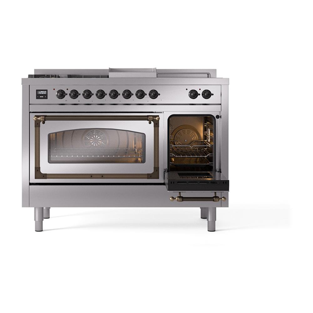 Ilve UN48FSNMPSSBLP Ilve Un48Fsnmpssblp Nostalgie Ii Noblesse 48" Dual Fuel Range (5 Sealed Burners + Griddle + French Top, Liquid Propane, Triple Glass Door, Stainless Steel, Burnished)