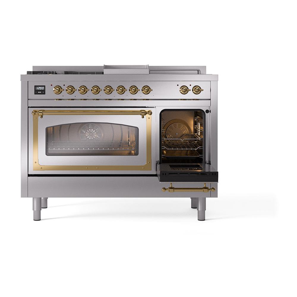Ilve UN48FSNMPSSGLP Ilve Un48Fsnmpssglp Nostalgie Ii Noblesse 48" Dual Fuel Range (5 Sealed Burners + Griddle + French Top, Liquid Propane, Triple Glass Door, Stainless Steel, Brass)