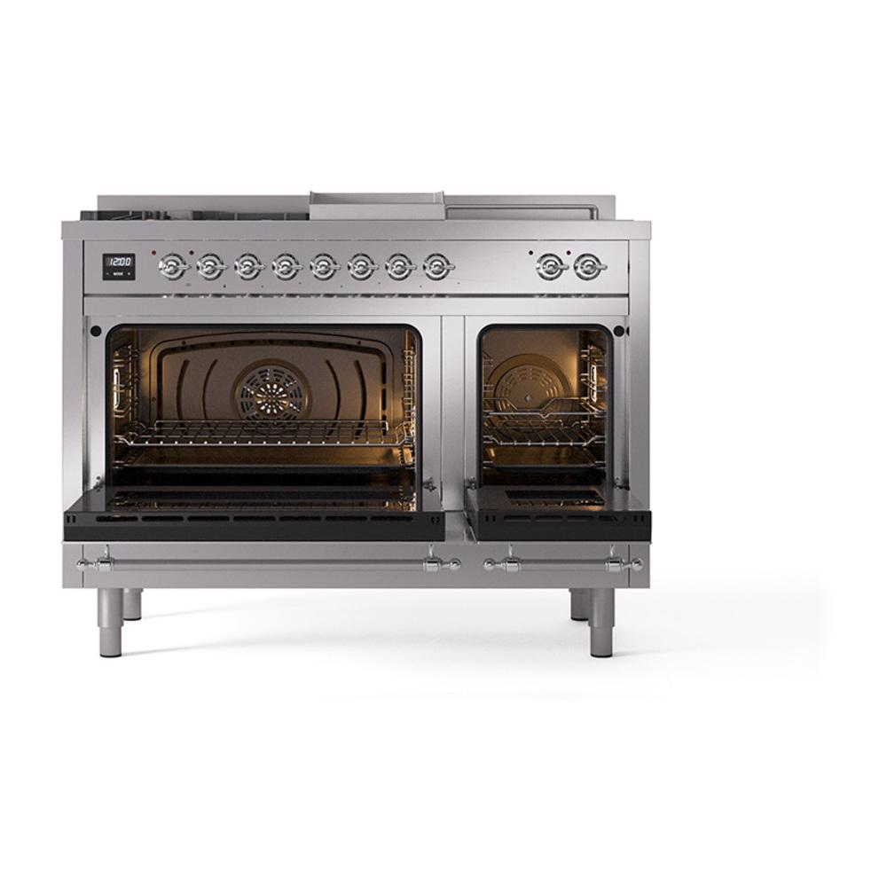 Ilve UN48FSQNMPSSC Ilve Un48Fsqnmpssc Nostalgie Ii Noblesse 48" Dual Fuel Range (5 Sealed Burners + Griddle + French Top, Natural Gas, Solid Door, Stainless Steel, Chrome)