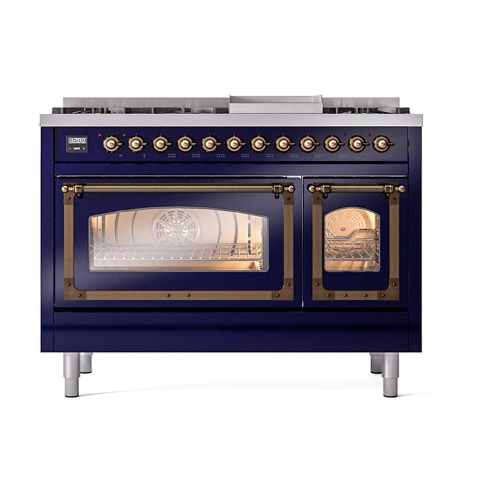 Ilve UN48FNMPMBB Ilve Un48Fnmpmbb Nostalgie Ii Noblesse 48" Dual Fuel Range (8 Sealed Burners + Griddle, Natural Gas, Triple Glass Door, Midnight Blue, Burnished)