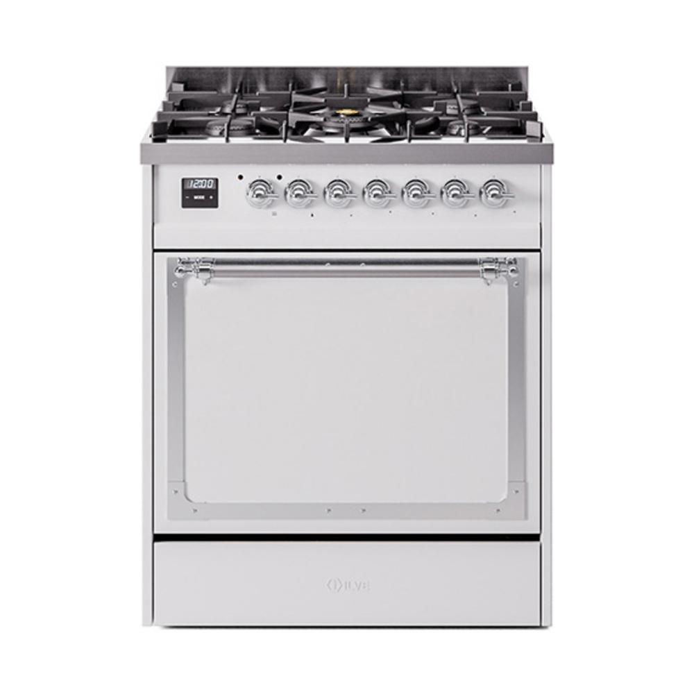 Ilve UN30QNMPWHCLP Ilve Un30Qnmpwhclp Nostalgie Ii Noblesse 30" Dual Fuel Range (Liquid Propane, Solid Door, White, Chrome)