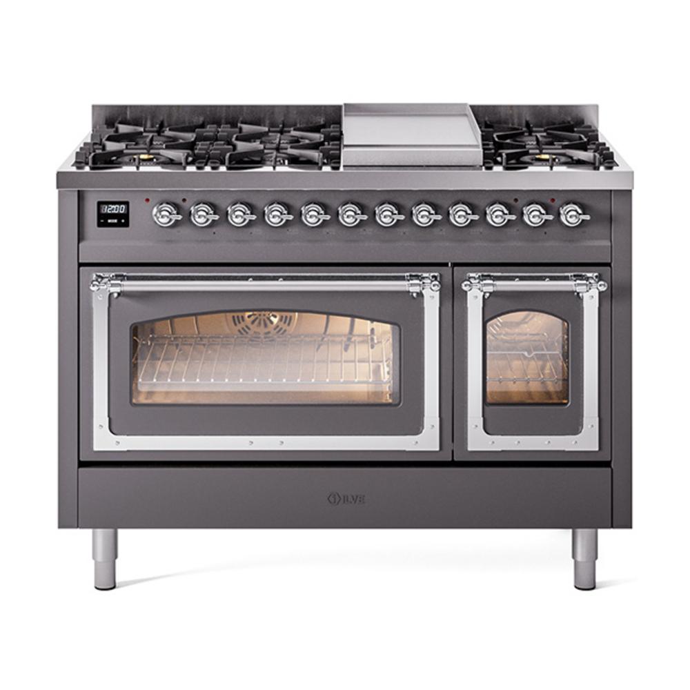 Ilve UN48FNMPMGC Ilve Un48Fnmpmgc Nostalgie Ii Noblesse 48" Dual Fuel Range (8 Sealed Burners + Griddle, Natural Gas, Triple Glass Door, Graphite Matte, Chrome)