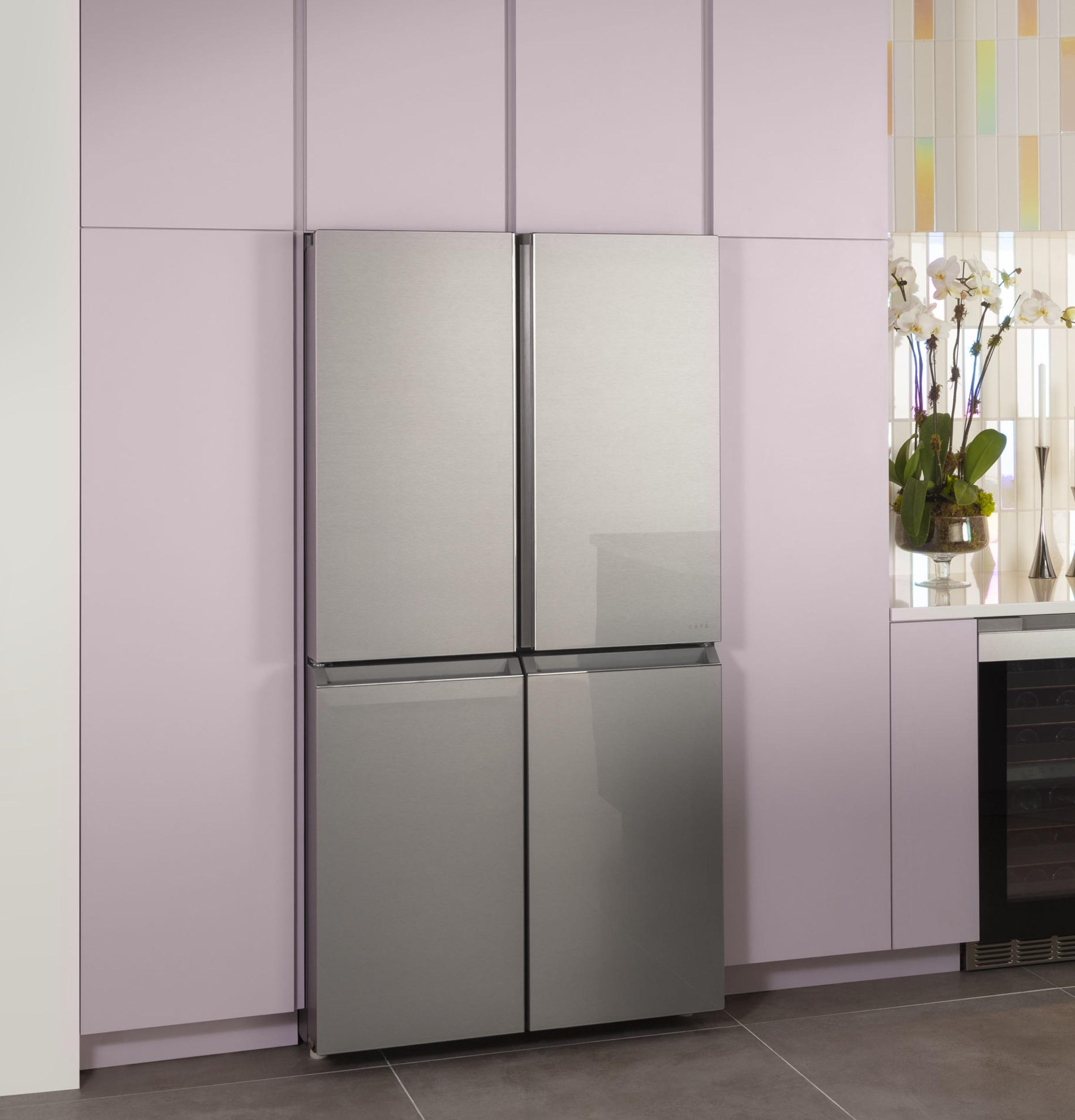 Cafe CHE23DM5WS5 Café™ Energy Star® 22.9 Cu. Ft. Smart Counter-Depth Quad-Door Refrigerator In Platinum Glass With Dual-Dispense Autofill Pitcher