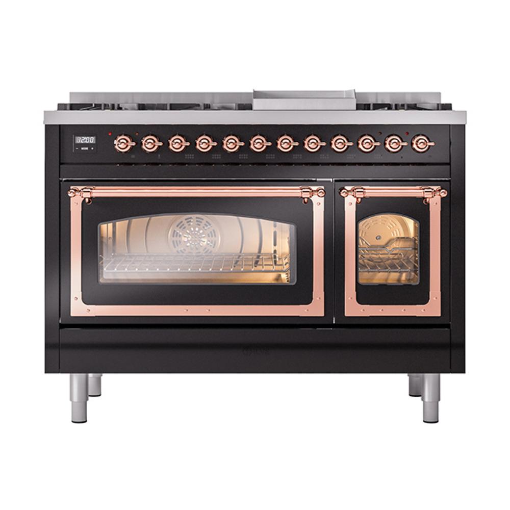 Ilve UN48FNMPBKP Ilve Un48Fnmpbkp Nostalgie Ii Noblesse 48" Dual Fuel Range (8 Sealed Burners + Griddle, Natural Gas, Triple Glass Door, Glossy Black, Copper)