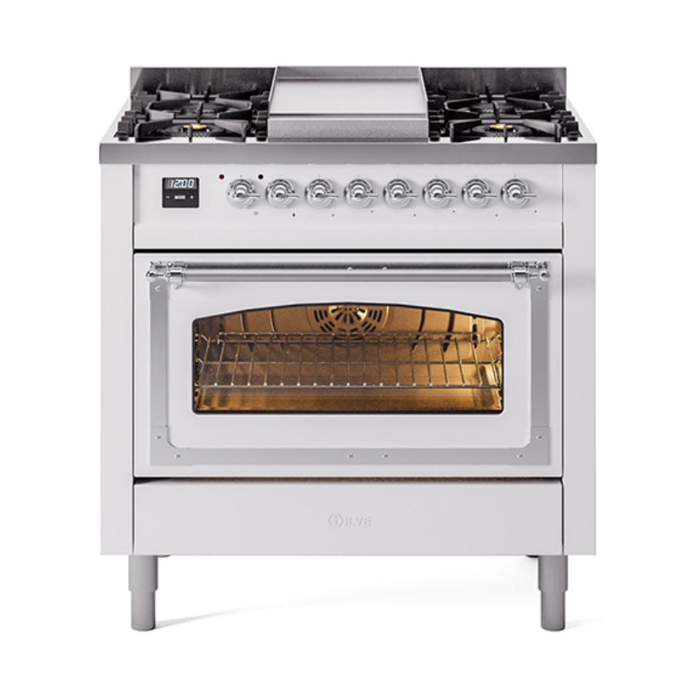 Ilve UN36FNMPWHCLP Ilve Un36Fnmpwhclp Nostalgie Ii Noblesse 36" Dual Fuel Range (Liquid Propane, Triple Glass Door, White, Chrome)