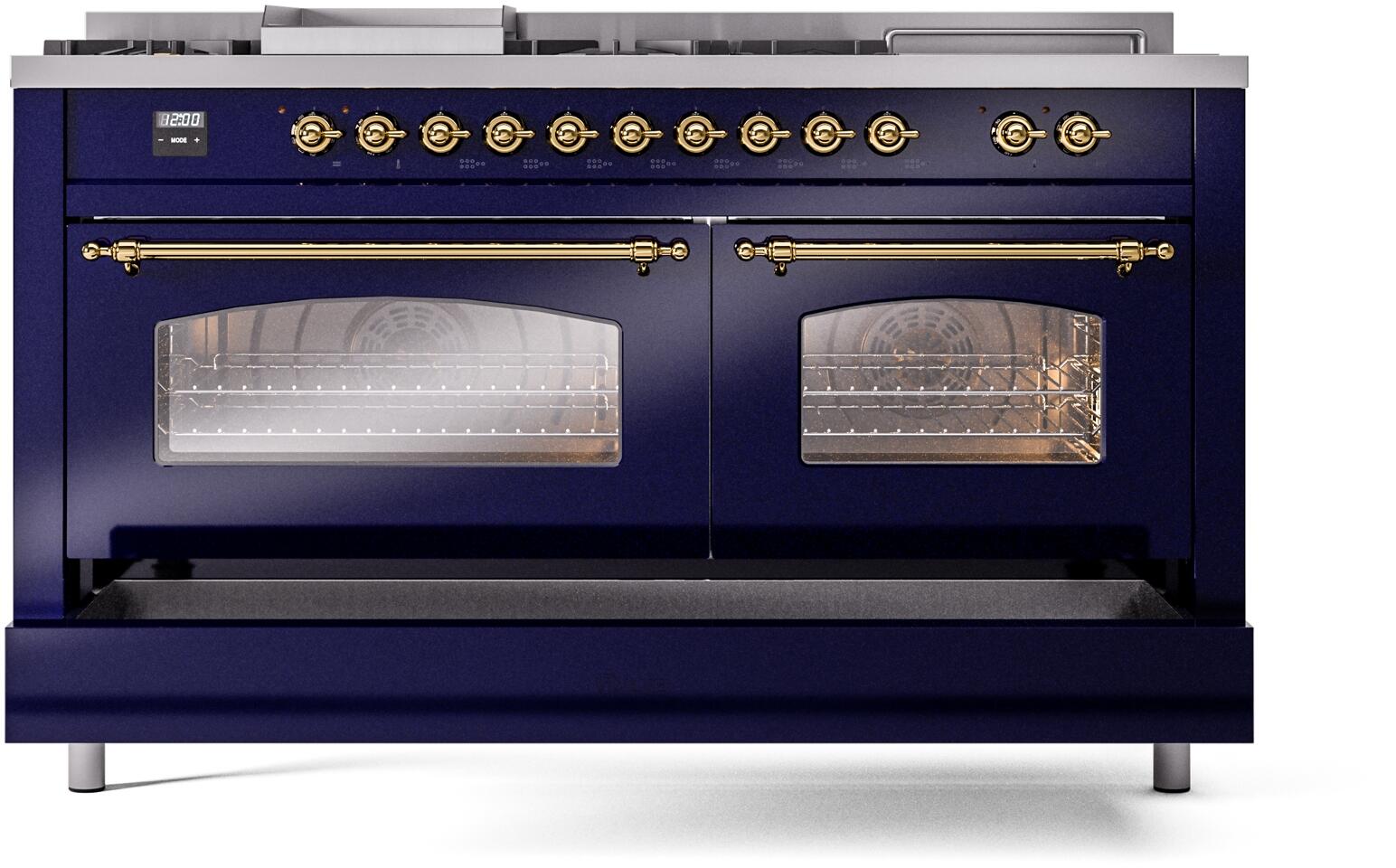 Ilve UP60FSNMPMBG Nostalgie Ii 60 Inch Dual Fuel Natural Gas Freestanding Range In Blue With Brass Trim