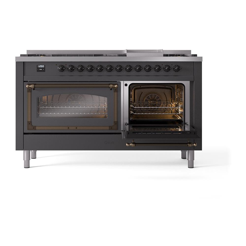 Ilve UN60FNMPMGB Ilve Un60Fnmpmgb Nostalgie Ii Noblesse 60" Dual Fuel Range (9 Sealed Burners + Griddle, Natural Gas, Triple Glass Door, Graphite Matte, Burnished)