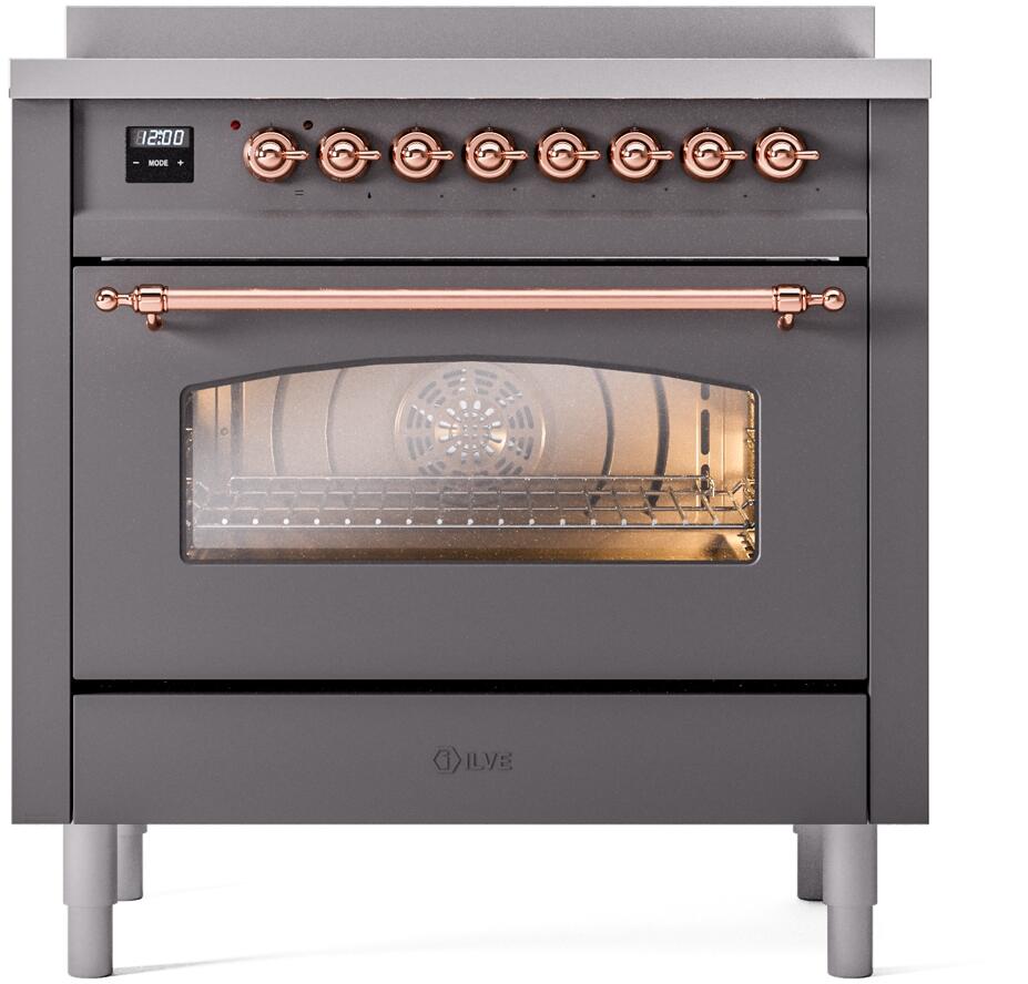 Ilve UPI366NMPMGP Nostalgie Ii 36 Inch Electric Freestanding Range In Matte Graphite With Copper Trim
