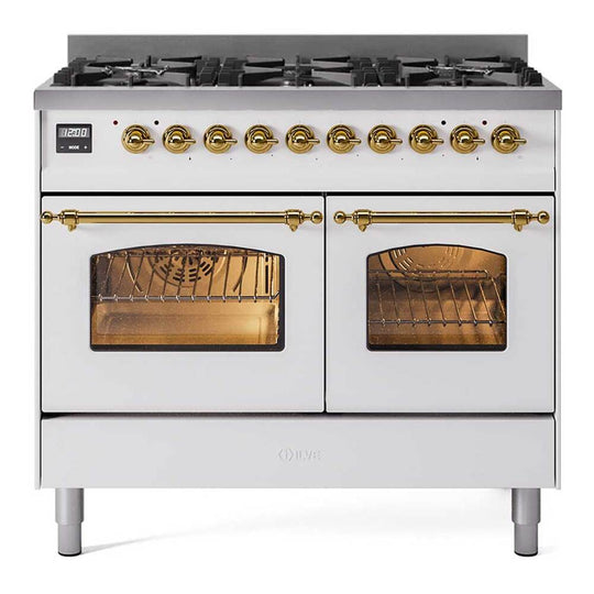 Ilve UPD406NMPWHGLP Ilve Upd406Nmpwhglp Nostalgie Ii 40 Inch Dual Fuel Range With 6 Total Black Brass Burners (Limited Edition) (Liquid Propane, White)