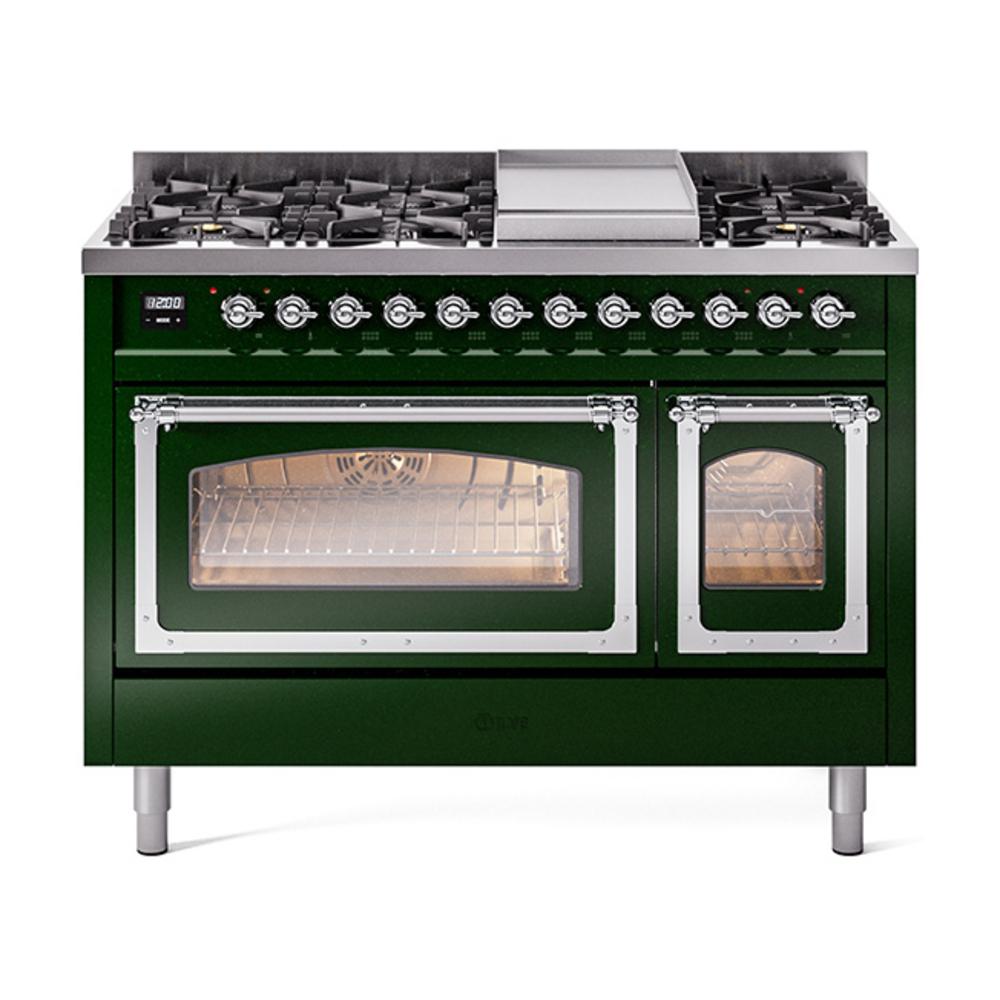 Ilve UN48FNMPEGC Ilve Un48Fnmpegc Nostalgie Ii Noblesse 48" Dual Fuel Range (8 Sealed Burners + Griddle, Natural Gas, Triple Glass Door, Emerald Green, Chrome)