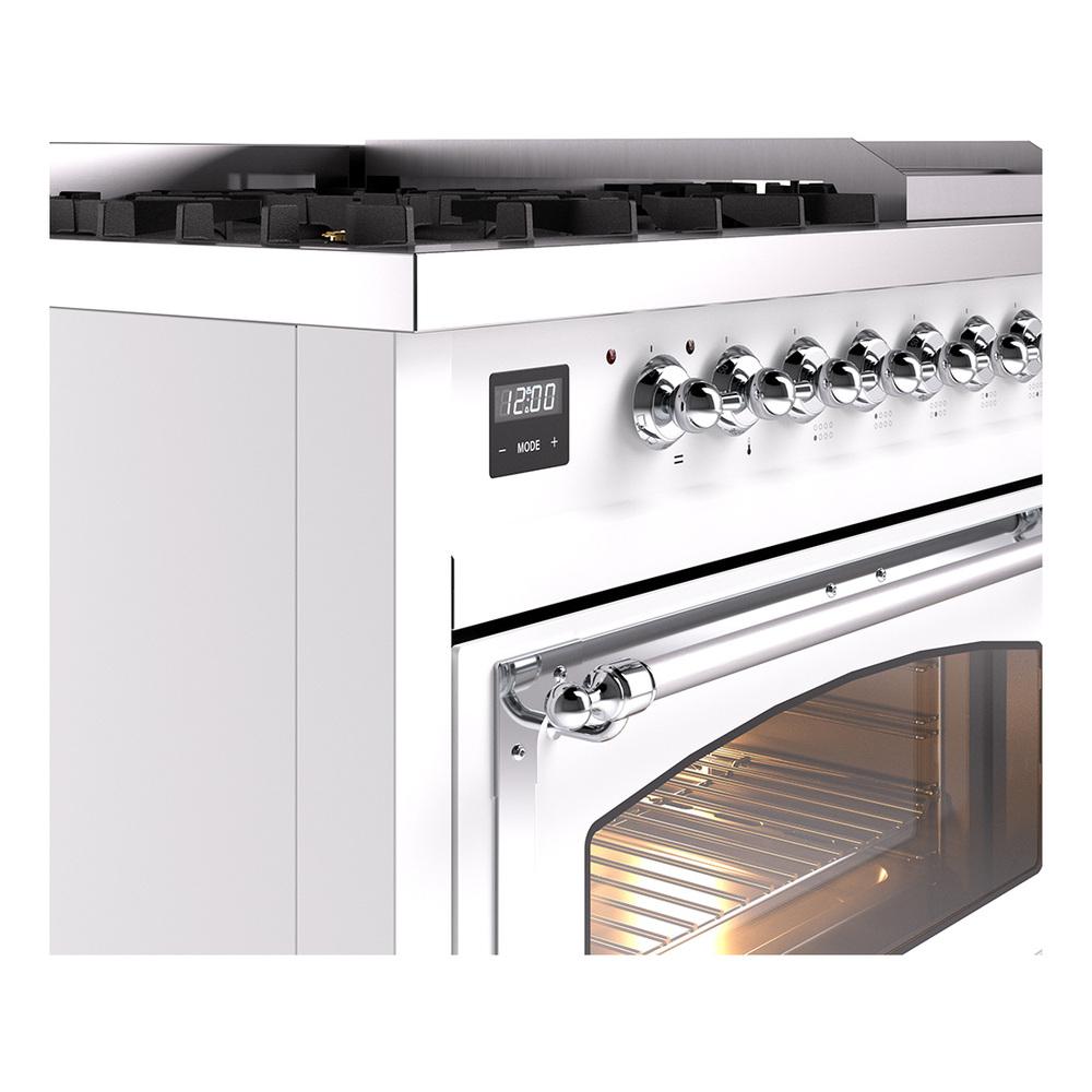 Ilve UN48FNMPWHC Ilve Un48Fnmpwhc Nostalgie Ii Noblesse 48" Dual Fuel Range (8 Sealed Burners + Griddle, Natural Gas, Triple Glass Door, White, Chrome)