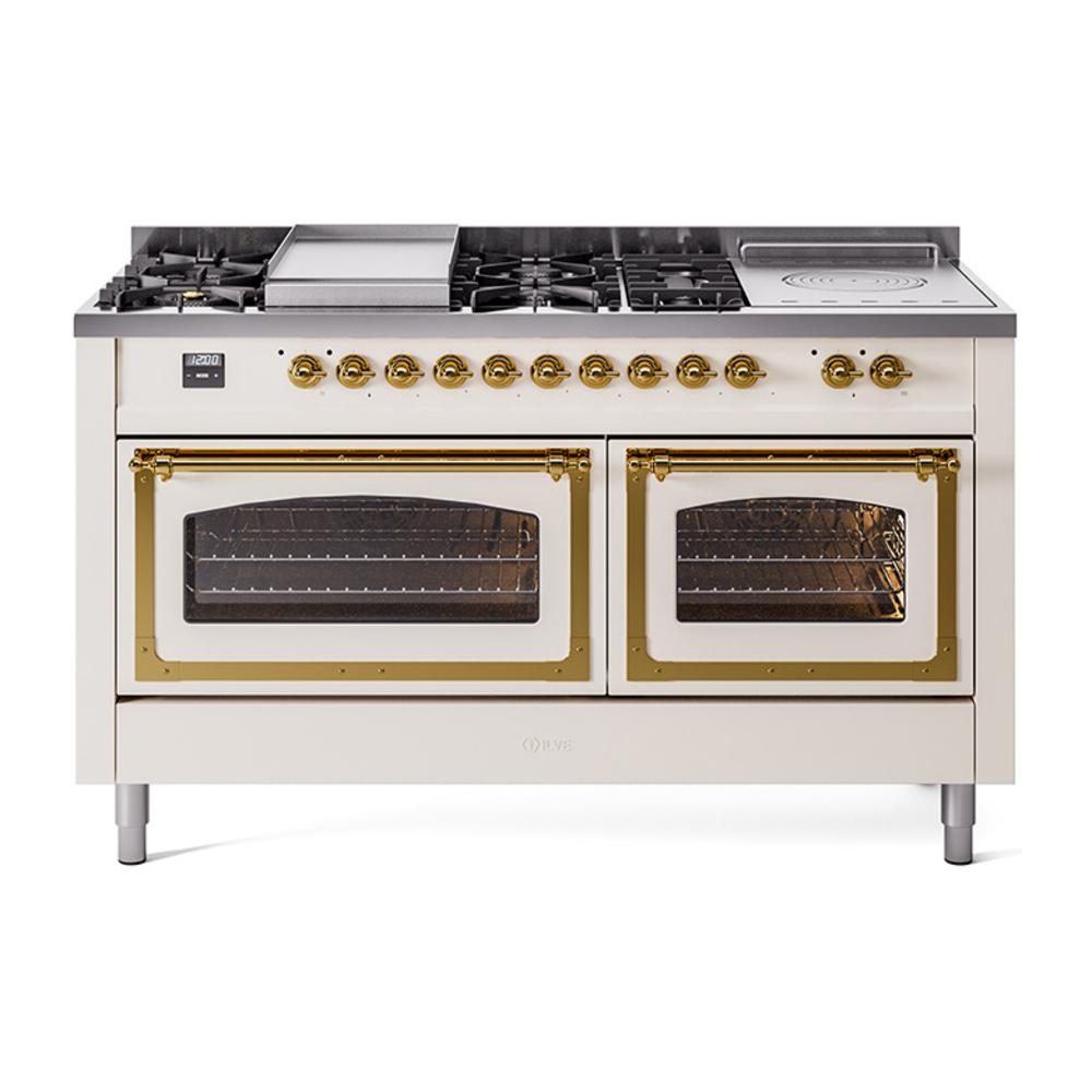 Ilve UN60FSNMPAWG Ilve Un60Fsnmpawg Nostalgie Ii Noblesse 60" Dual Fuel Range (7 Sealed Burners + Griddle + French Top, Natural Gas, Triple Glass Door, Antique White, Brass)