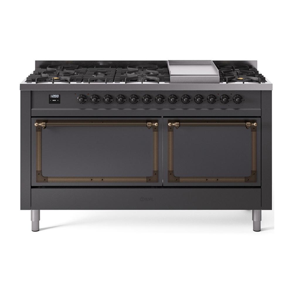 Ilve UN60FQNMPMGBLP Ilve Un60Fqnmpmgblp Nostalgie Ii Noblesse 60" Dual Fuel Range (9 Sealed Burners + Griddle, Liquid Propane, Solid Door, Graphite Matte, Burnished)
