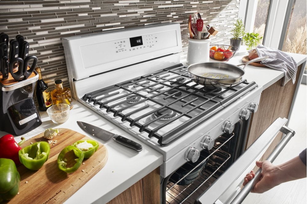 Kitchenaid KFGG500EWH 30-Inch 5-Burner Gas Convection Range - White