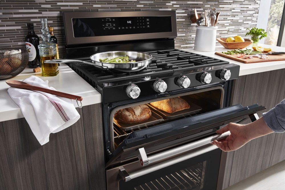 Kitchenaid KFGD500EBS 30-Inch 5 Burner Gas Double Oven Convection Range - Black Stainless Steel With Printshield™ Finish