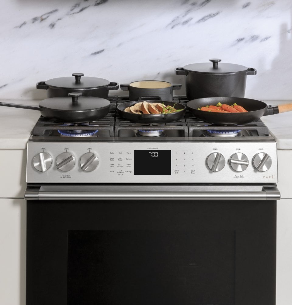 Cafe CGS700M2NS5 Café 30" Smart Slide-In, Front-Control, Gas Range With Convection Oven In Platinum Glass