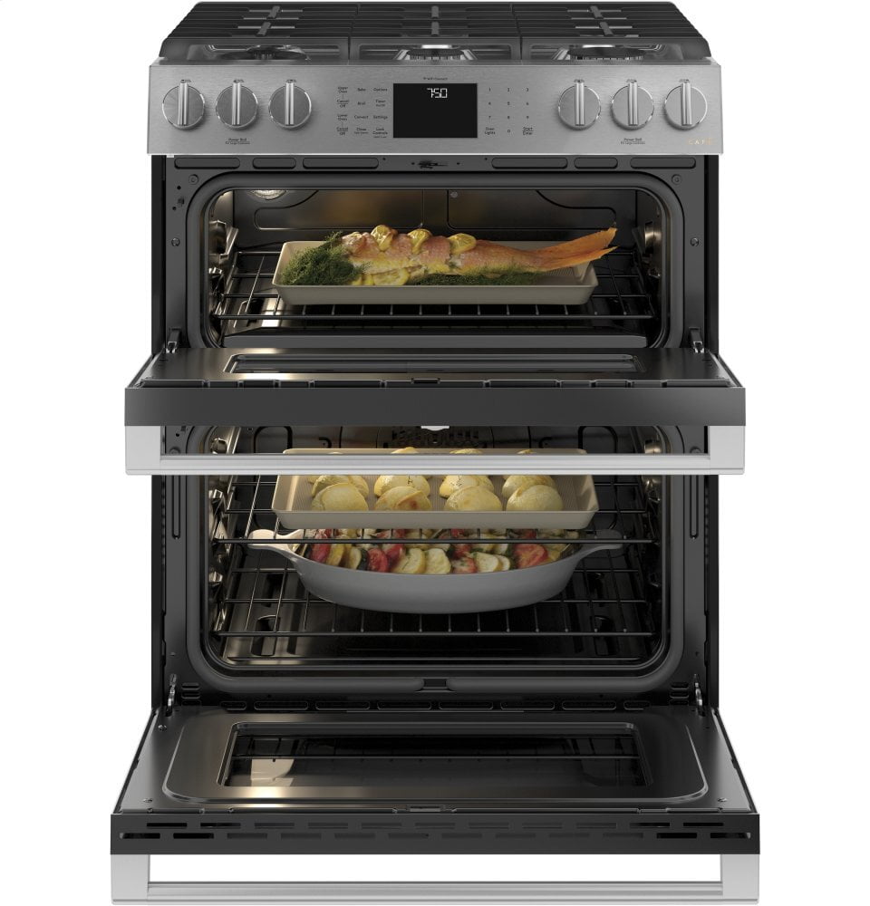 Cafe CGS750M2NS5 Café 30" Smart Slide-In, Front-Control, Gas Double-Oven Range With Convection In Platinum Glass
