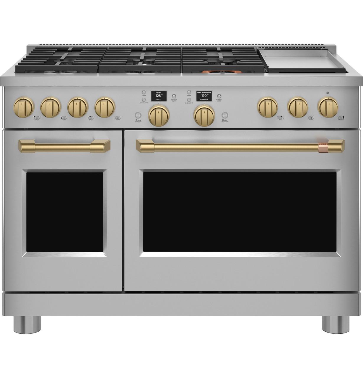 Cafe CXPR8HKPTCG Café™ 48" Brushed Brass Handle & Knob Set For Pro Range And Rangetop