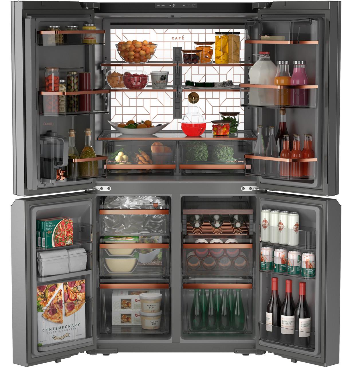 Cafe CAE28DM5TS5 Café™ Energy Star® 27.4 Cu. Ft. Smart Quad-Door Refrigerator In Platinum Glass With Dual-Dispense Autofill Pitcher