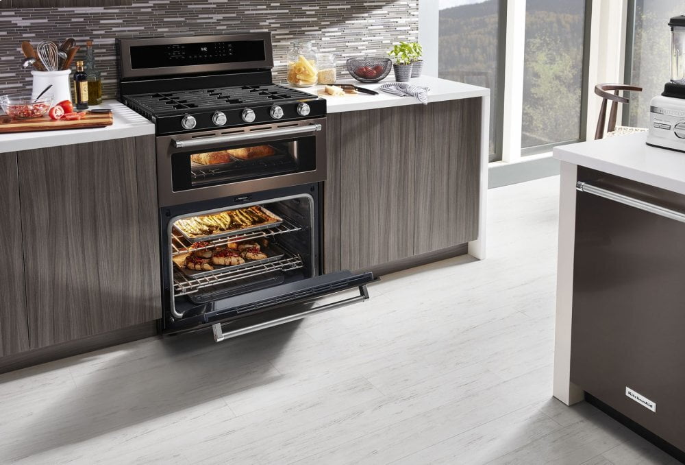 Kitchenaid KFGD500EBS 30-Inch 5 Burner Gas Double Oven Convection Range - Black Stainless Steel With Printshield™ Finish